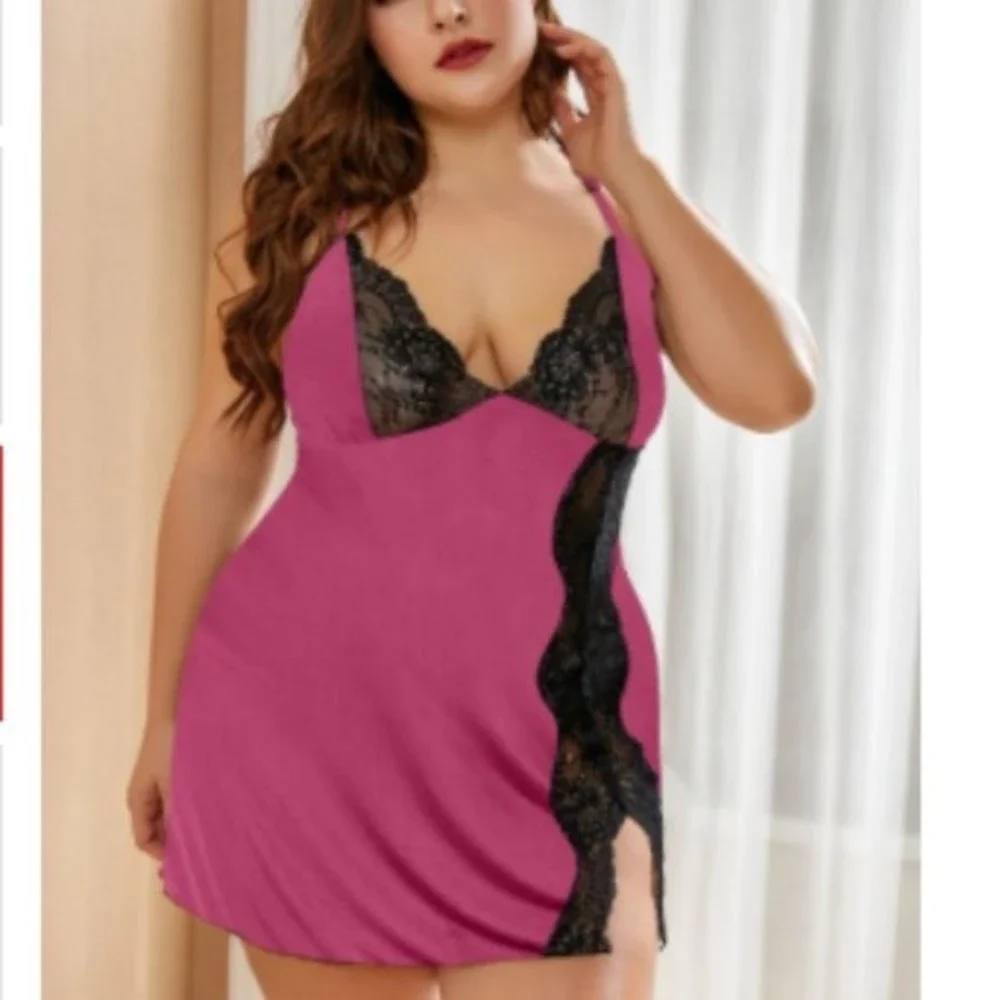 Pink and black Rose Lace Stitching Babydoll nighty lingerie - Picture 4 of 4